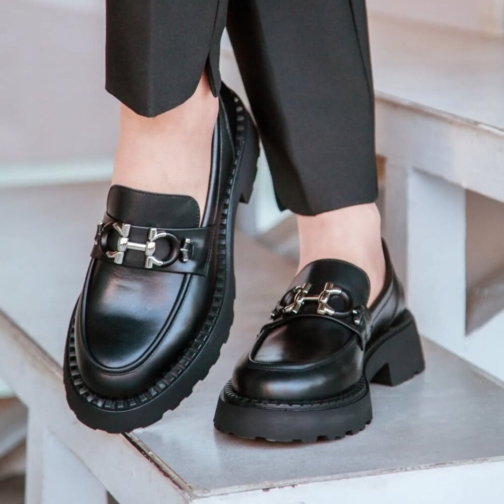 Women's Black Leather Platform Loafers Size 38 (US 8)